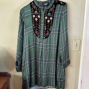 Johnny Was Plaid Tunic with Floral Embroidery